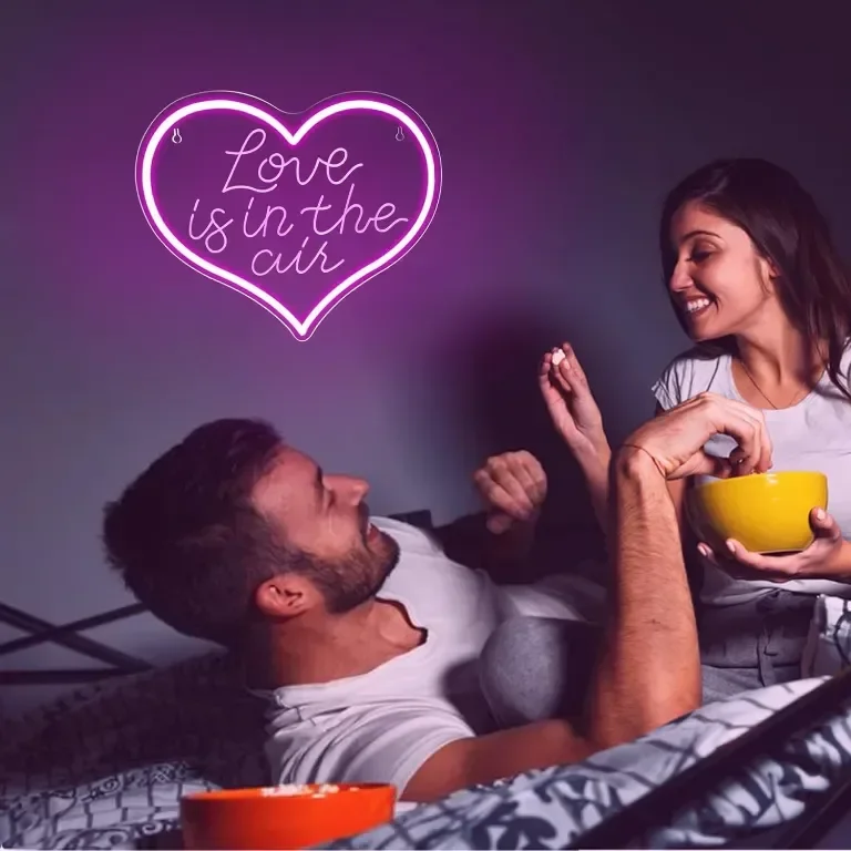 Неонова LED табела с розова светлина, 3D гравирана Love is in Air, 30х35 см — снимка 2
