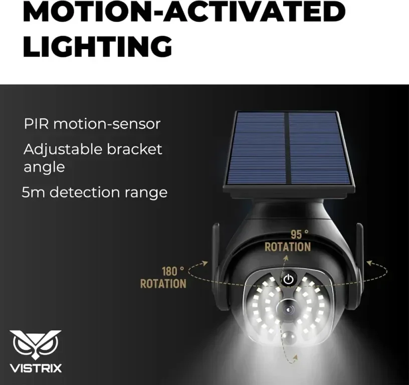 Vistrix соларна LED охранителна лампа и макетна CCTV камера с PIR сензор, IP65, черна — снимка 3