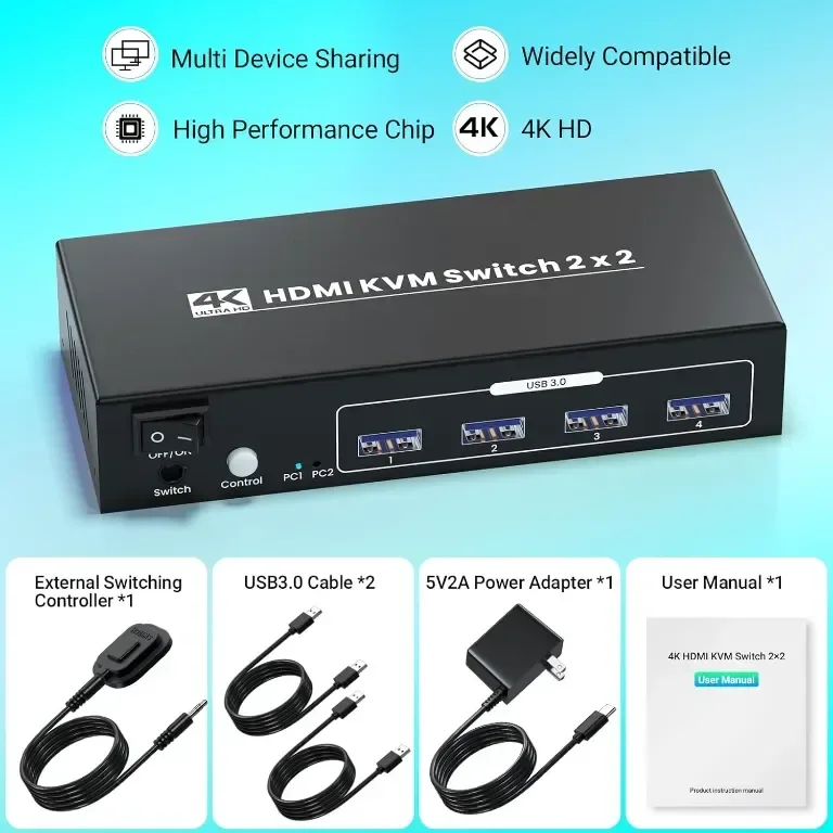 HDMI KVM превключвател 2 монитора 2 компютъра, 4K@60Hz двоен монитор HDMI — снимка 6