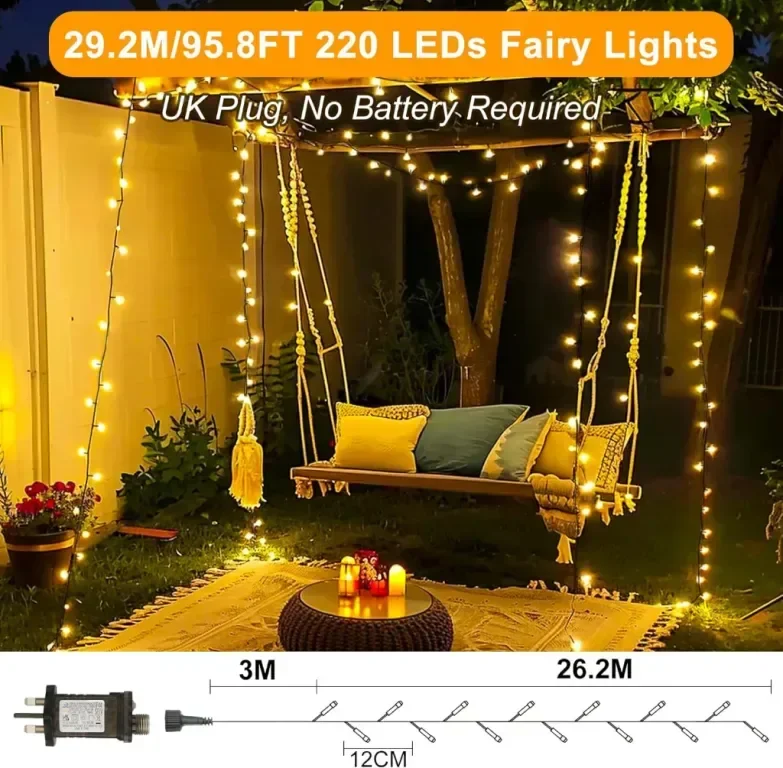 Realky коледни лампички, 29.2 м, 220 LED водоустойчиви, с 8 режима, дистанционно, топло бяло — снимка 2