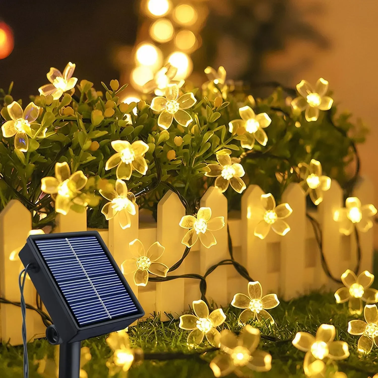 Соларни градински гирлянди „Цветчета“ с 8 режима, 50 LED, дължина 7 м, топло бяло — снимка 2