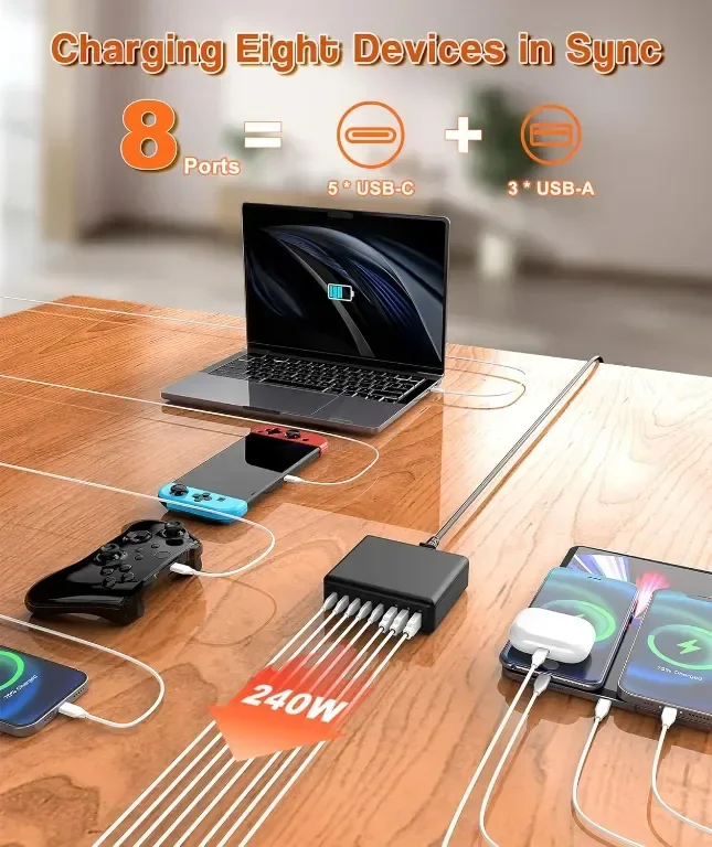 USB C зарядно устройство, 8 порта 240 W, GaN зарядно устройство — снимка 2