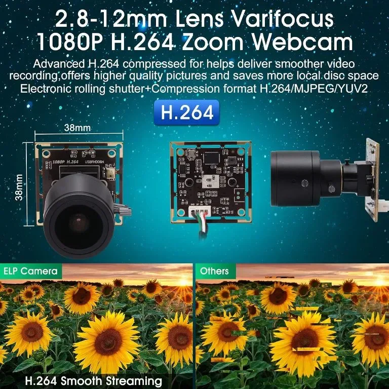 ELP1080P стрийминг уеб камера с микрофон, широкоъгълен 2.8-12 варифокален обектив, IMX323 сензор — снимка 3