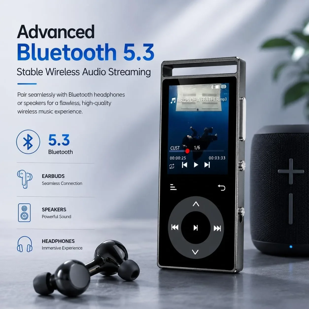 MP3 плеър 90GB Bluetooth 5.3, FM радио, HiFi звук, поддръжка до 128GB, слушалки — снимка 2