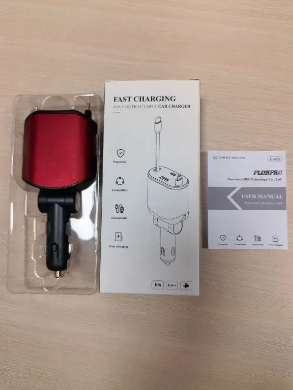 PLDHPRO Red 4 в 1 прибиращо се зарядно за кола, 80W с 82 см прибиращ се USB-C и iOS кабел — снимка 5