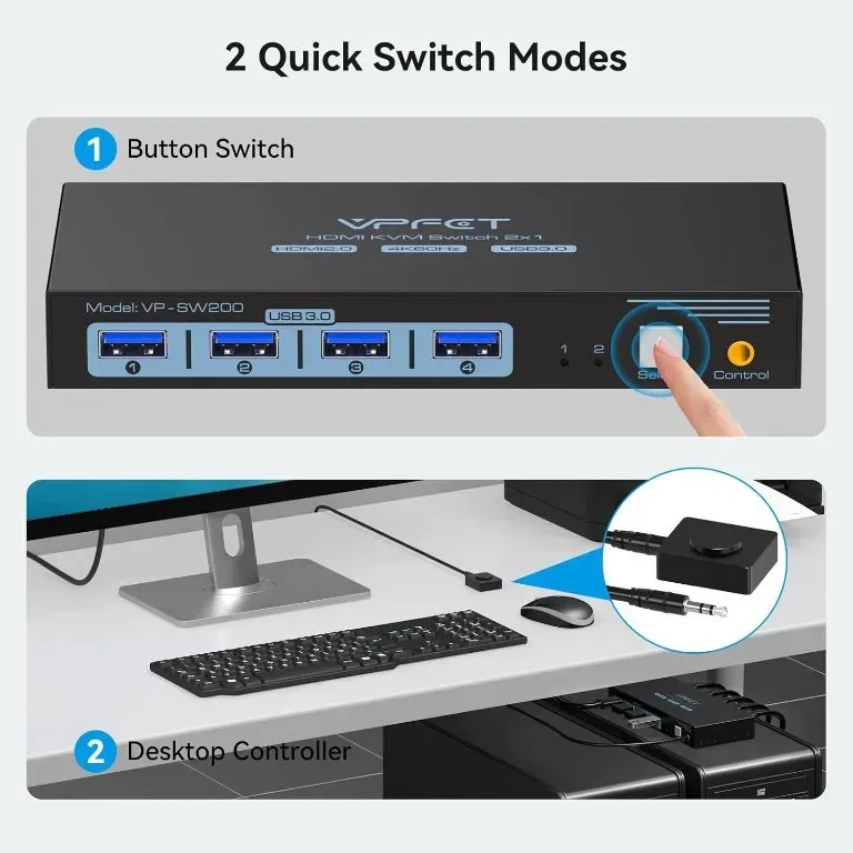 HDMI KVM превключвател 2 компютъра 1 монитор 4K@60Hz USB 3.0 и 4 USB 3.0 устройства — снимка 5