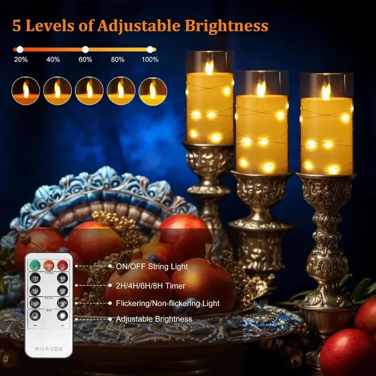 Glowtink 3 бр.LED свещи акумулаторни безпламъчни, дистанционен таймер, мигащи, декор, 4" 5" 6",жълти — снимка 7