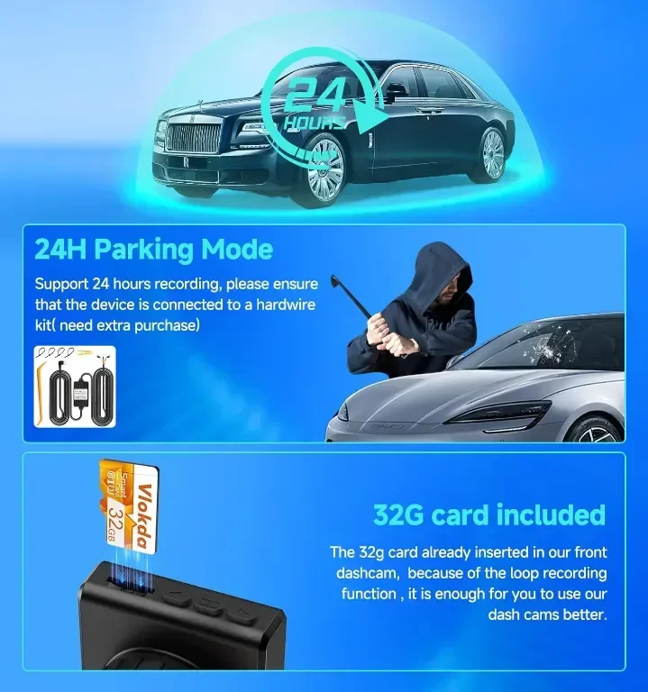 Dash Cam отпред и отзад, 1080P WiFi/APP контрол, 32GВ карта, нощно виждане, WDR, G-сензор — снимка 7