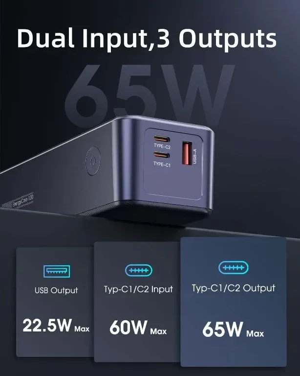 EnergyQC Power Bank 24000 mAh, преносимо зарядно устройство 65W бързо зареждане с USB-C вход и изход — снимка 6