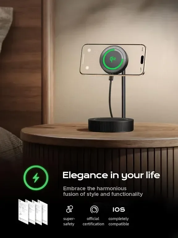 Threekey 15W Qi2 Mag-safe Съвместима безжична зарядна стойка за iPhone и Airpods, черна — снимка 6