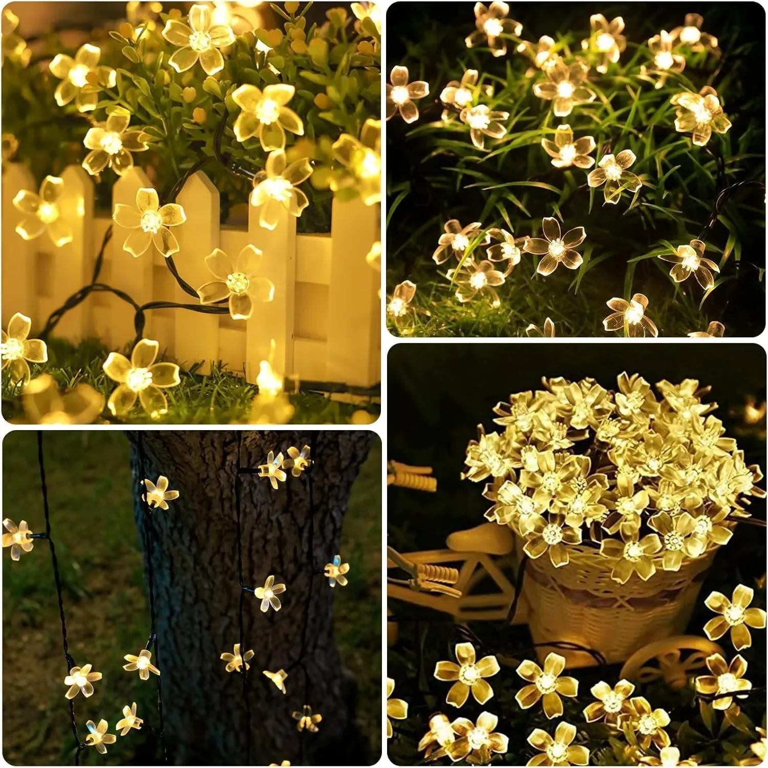 Соларни градински гирлянди „Цветчета“ с 8 режима, 50 LED, дължина 7 м, топло бяло — снимка 9