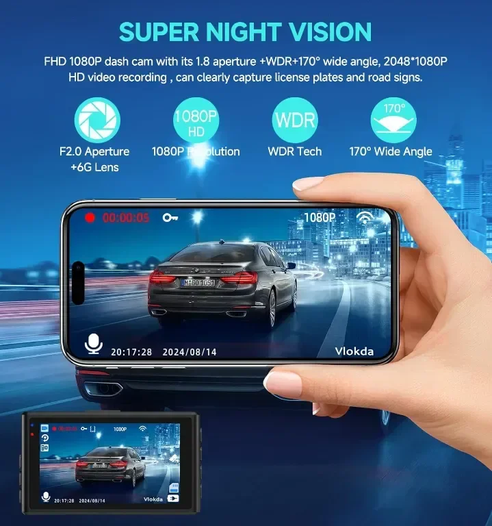 Dash Cam отпред и отзад, 1080P WiFi/APP контрол, 32GВ карта, нощно виждане, WDR, G-сензор — снимка 5