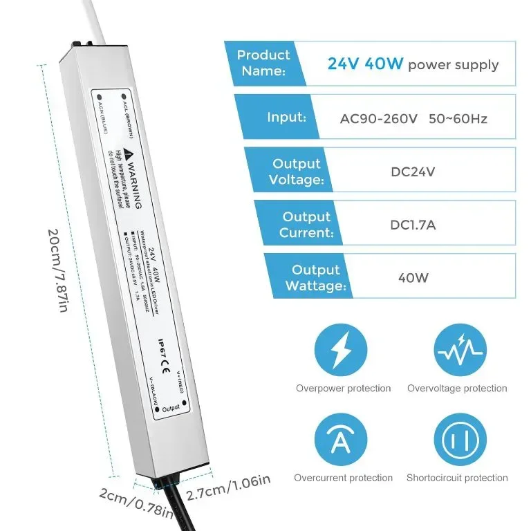 LightingWill 24V 1.66A 40W захранване IP67, външен водоустойчив, AC 240V към DC 24V трансформатор — снимка 5