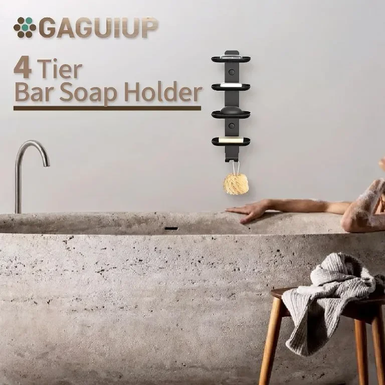 GAGUI UP Поставка за сапун с 4 нива с кукички за баня, неръждаема стомана, вакуумна система, черна — снимка 6