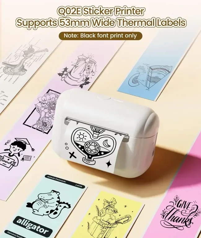 Tattmuse мини термичен принтер Q02E, Bluetooth, с 3 ролки термо хартия, бял — снимка 8
