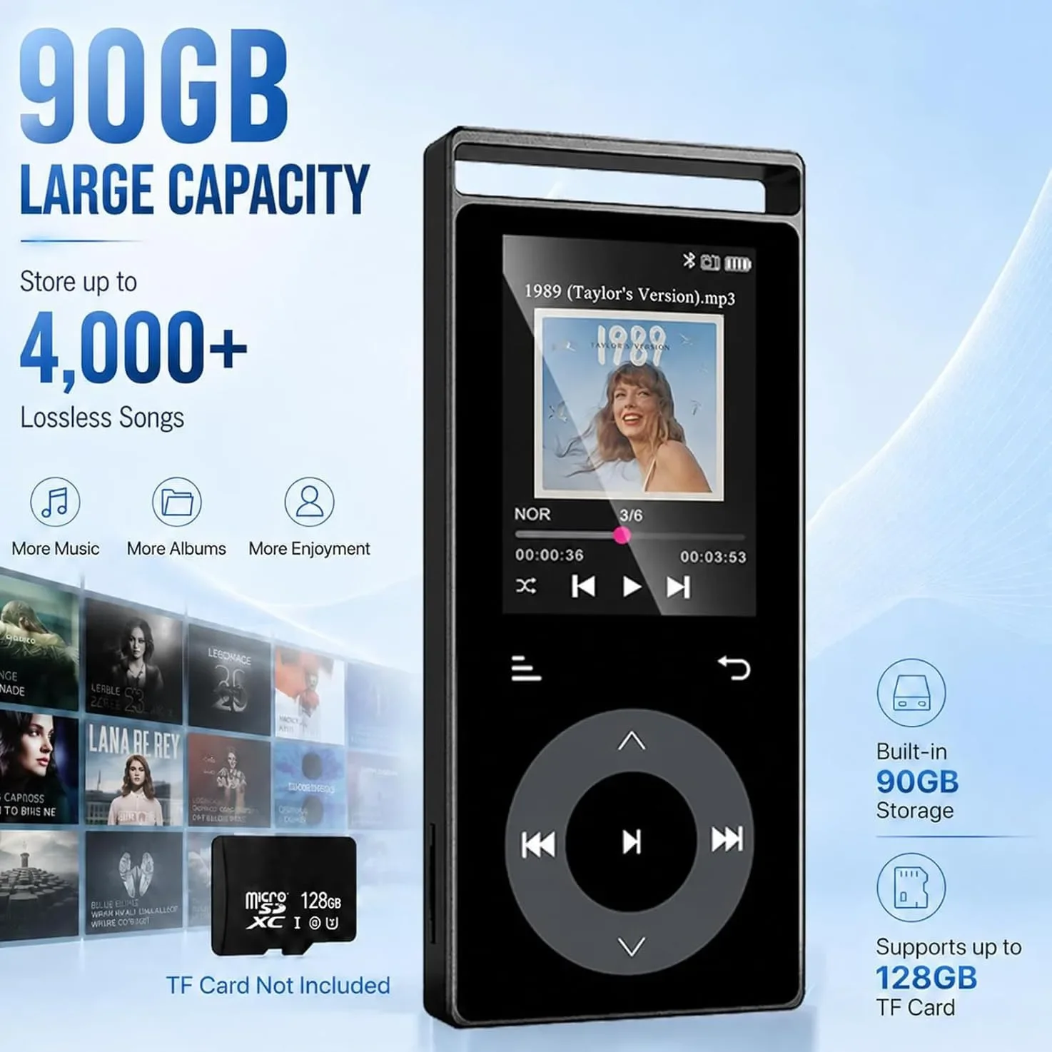 MP3 плеър 90GB Bluetooth 5.3, FM радио, HiFi звук, поддръжка до 128GB, слушалки — снимка 4