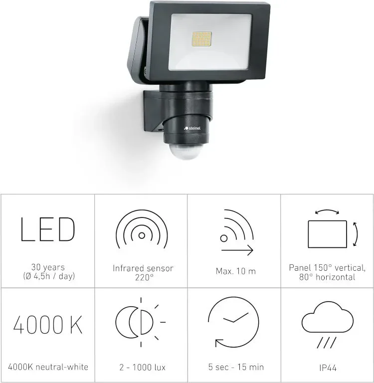STEINEL LED прожектор FL 1400 S черен, 220° сензор за движение с 10 m обхват, 4000K — снимка 3