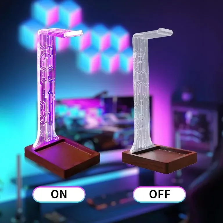 Стойка за слушалки COOLGIFT MART с табла, дърво със сини/розови LED нощни светлини — снимка 6