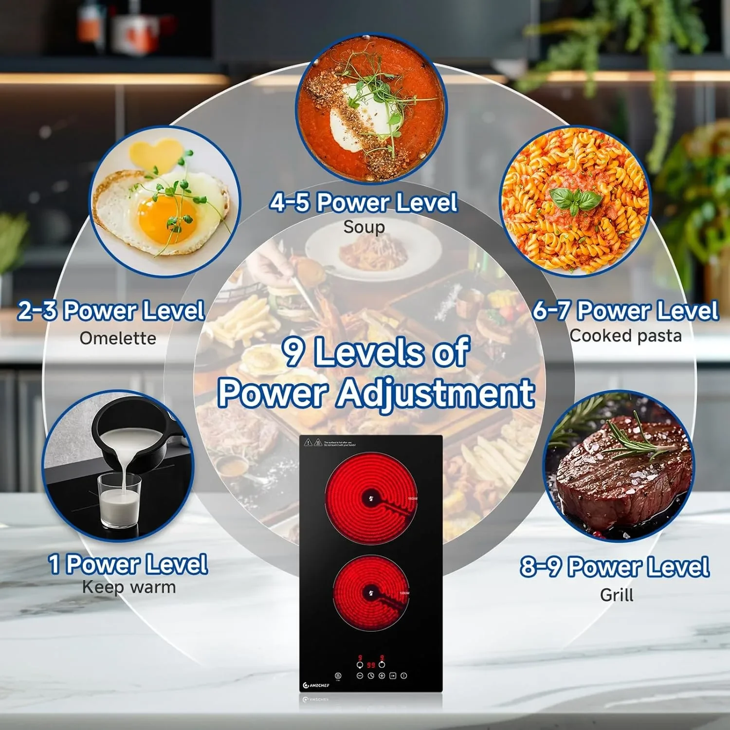 Керамичен котлон AMZCHEF, 3000 W, 2 зони, 9 нива на мощност, таймер — снимка 3