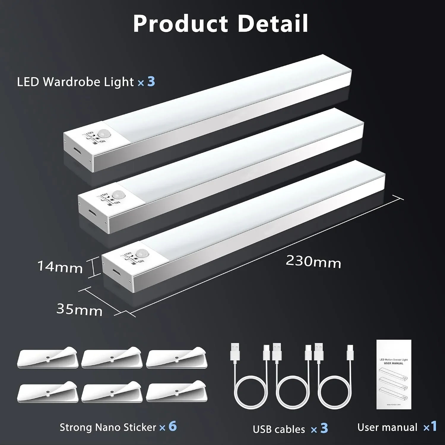 Комплект 3 броя LED USB лампи за гардероб със сензор за движение и магнитно закрепване — снимка 4