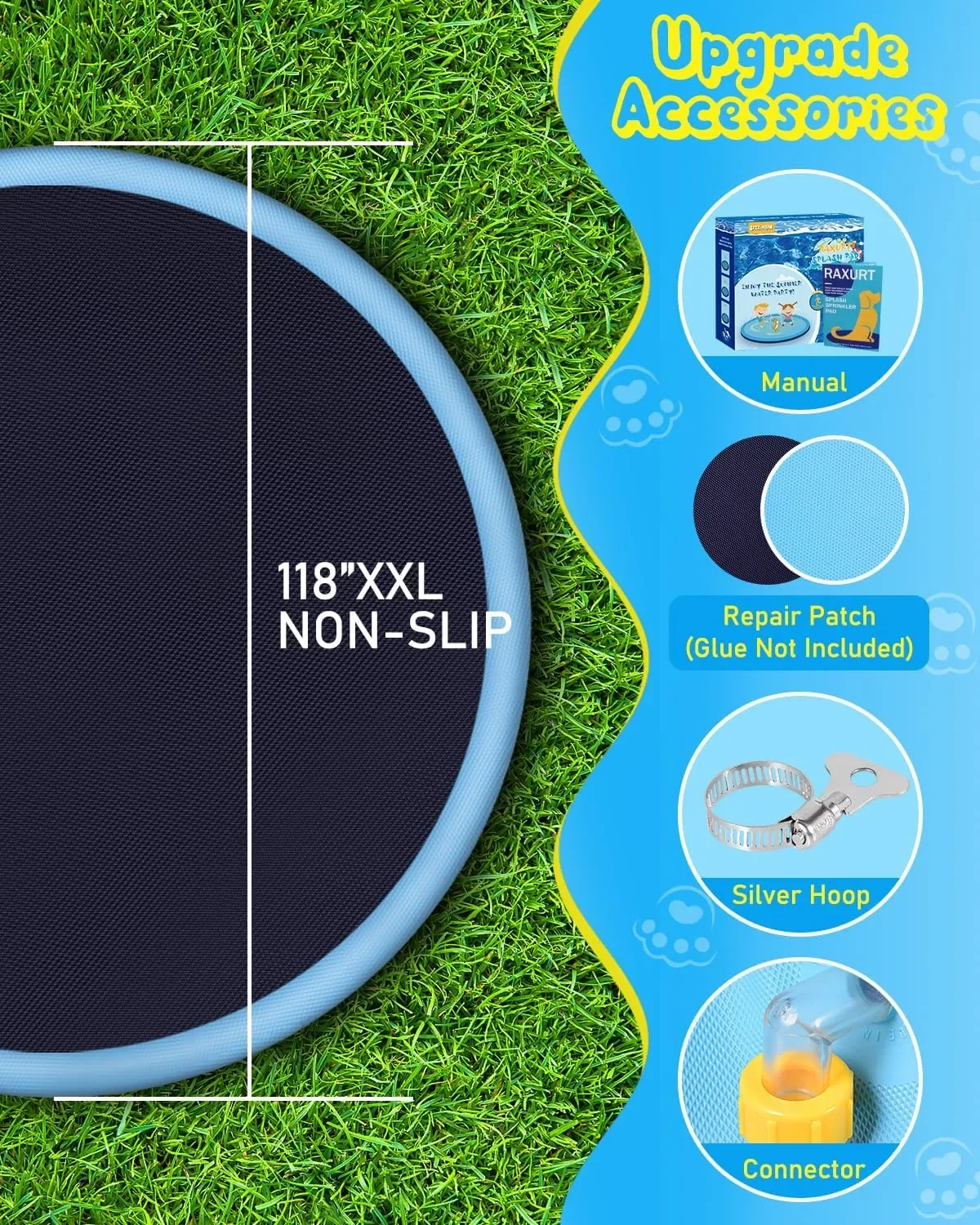 Raxurt подложка с пръскане за кучета/басейн за кучета 3 м (118” XXL) с маркуч и накрайник — снимка 5