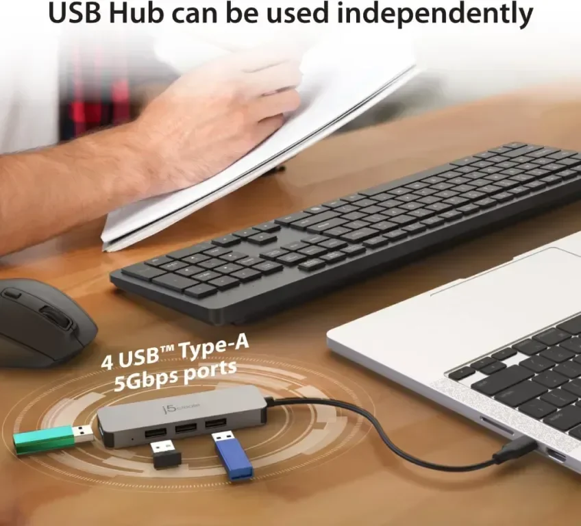 j5create Сгъваема алуминиева стойка за лаптоп с USB3.2 4-портов хъб, преносима до 16 инча (JTS223) — снимка 3