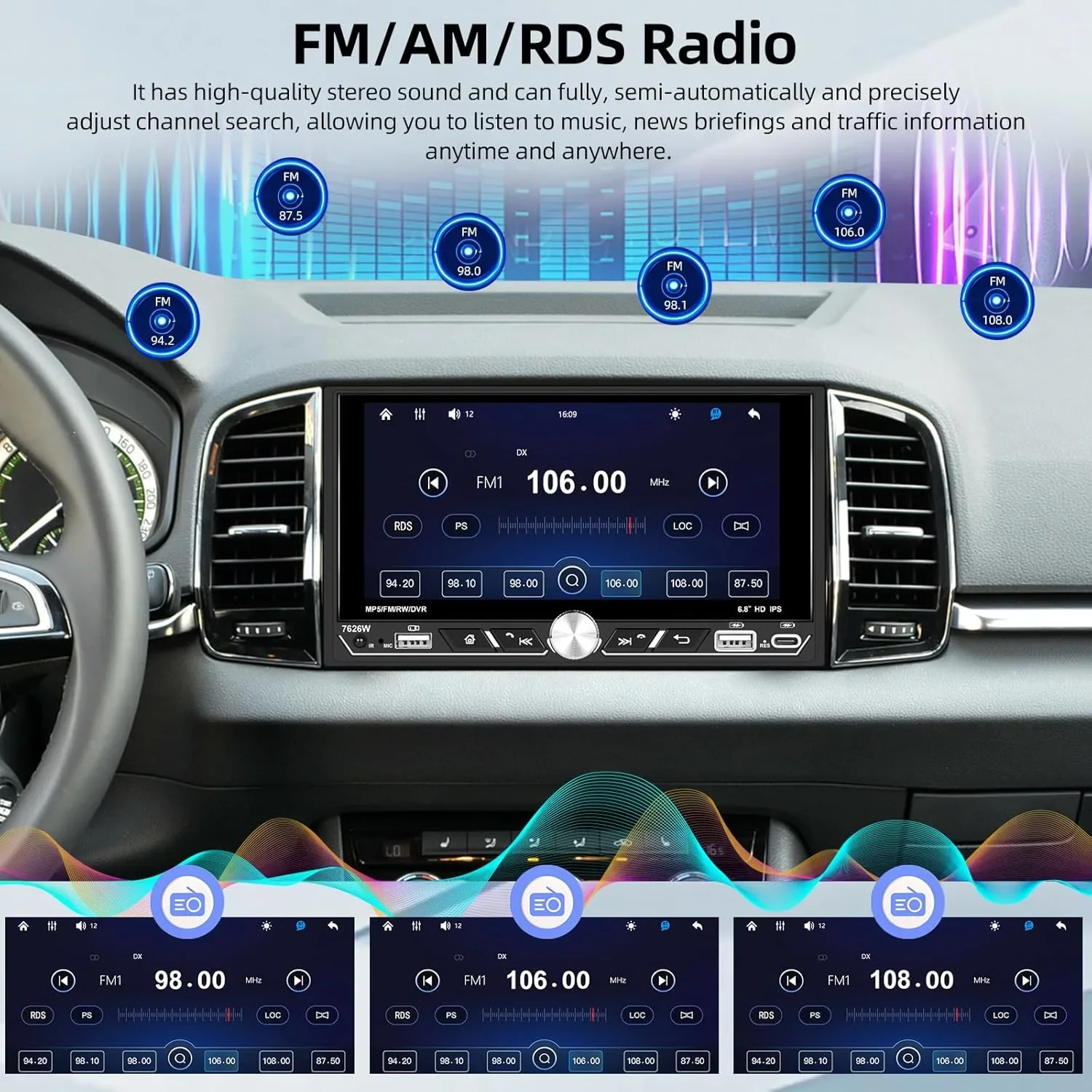 Двудиново автомобилно радио с 6.8-инчов дисплей и безжичен CarPlay/Android Auto, Bluetooth 5.2 — снимка 3