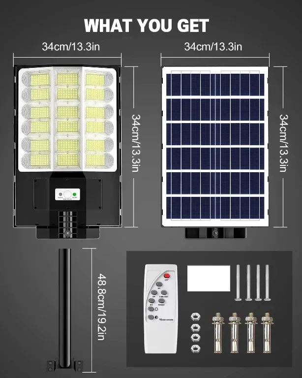Worshow Соларна улична лампа 1000W, сензор за движение - 864LED 6500K, дистанционно, IP65 — снимка 2