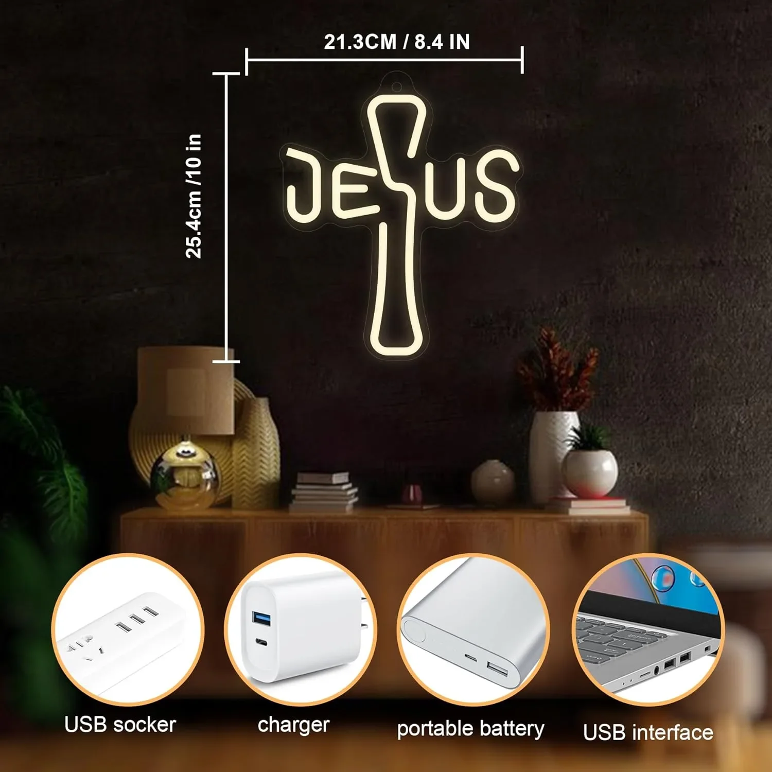 Неонов LED знак „Исус“ за стенен декор (USB захранване, регулиране на яркостта) — снимка 7