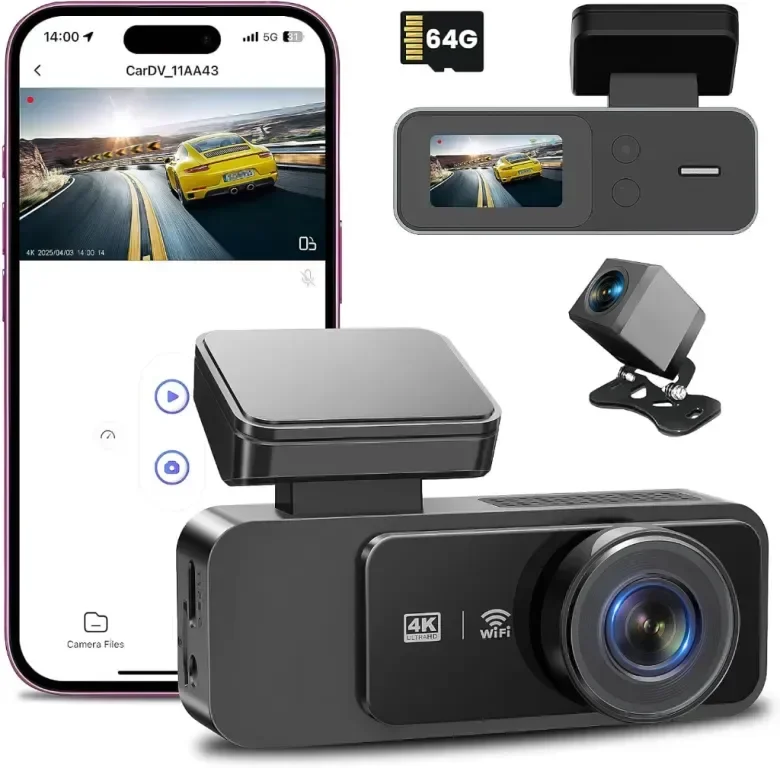 Автомобилна видеорегистраторна камера отпред и отзад 4K+1080P, UHD вграден WiFi с 64GB SD карта