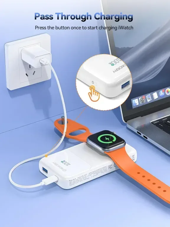 Външна батерия NEWDERY за Apple Watch, Вградени кабели, PD 20W (бяла, 10000 mAh) — снимка 5