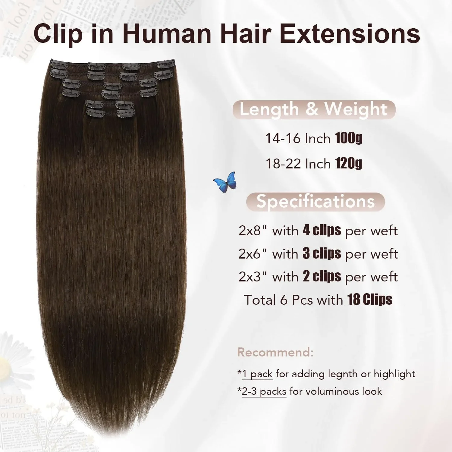 XDhair екстеншъни за коса тип „щипка“ от естествена човешка коса, 40 см, 6 броя (100 гр) — снимка 5