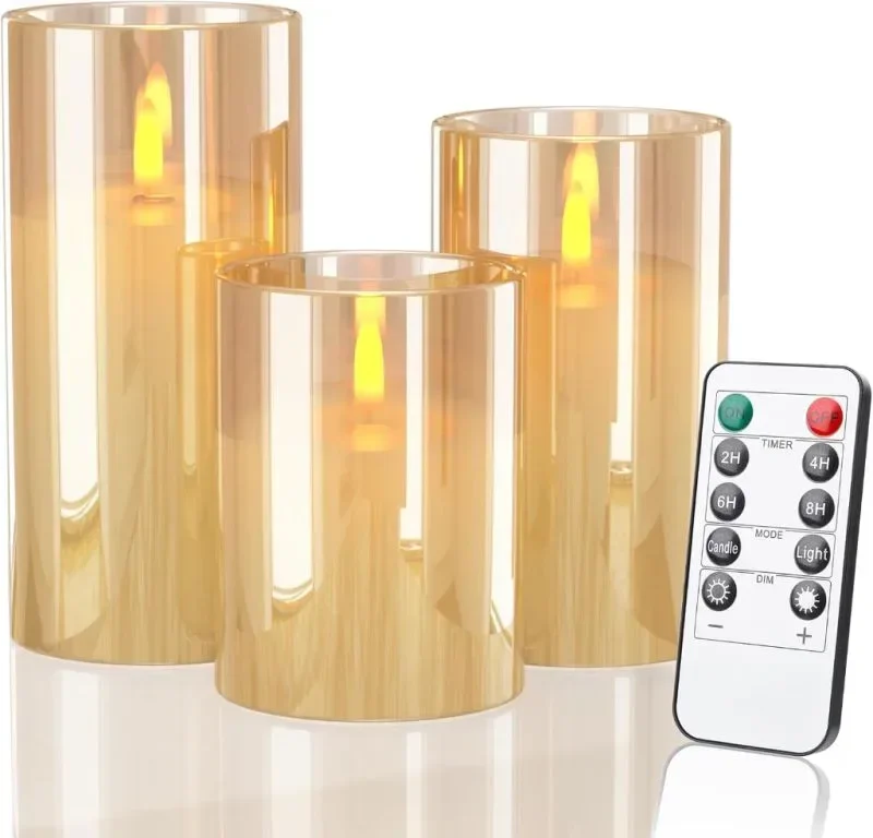 Evglim LED безпламъчни мигащи свещи, дистанционно, Комплект от 3 x H4''/5''/6''