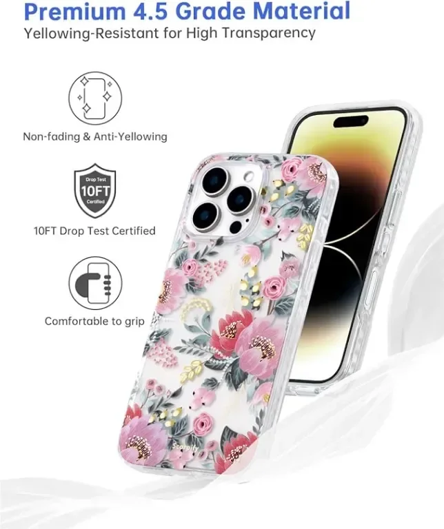 SCORPIFY Калъф за iPhone 16 Pro Max, сладко прозрачно покритие с цветя и златни акценти за жени — снимка 3