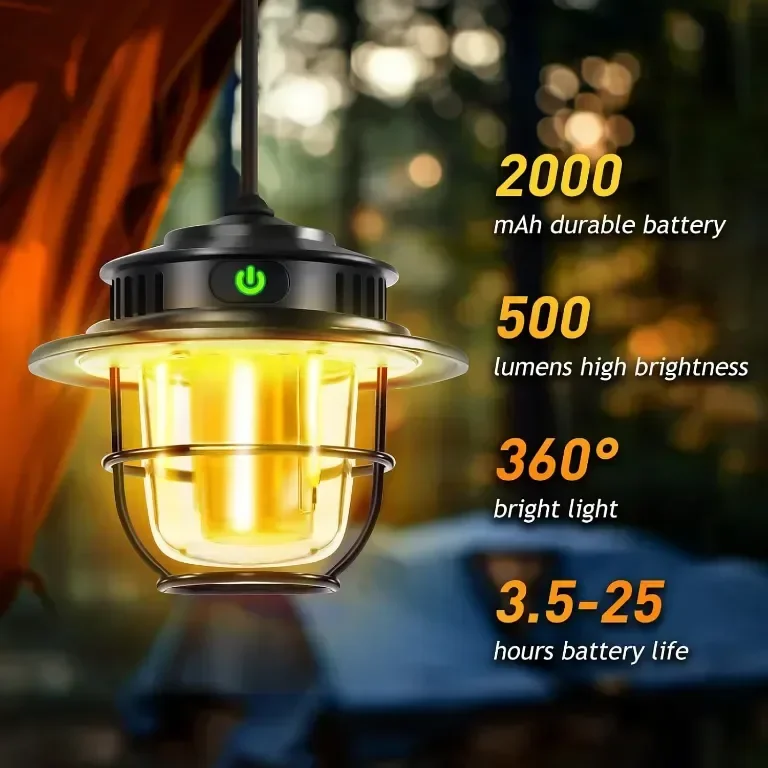 XRDZYXGS Лампа за къмпинг, акумулаторна 2000mAh 1000LM, водоустойчива с 6000mAh соларен панел — снимка 2