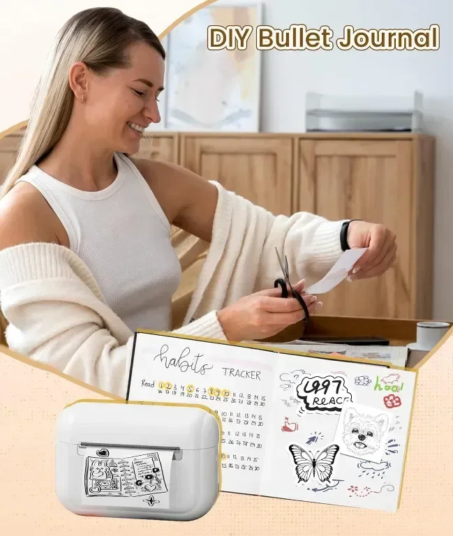 Tattmuse мини термичен принтер Q02E, Bluetooth, с 3 ролки термо хартия, бял — снимка 6