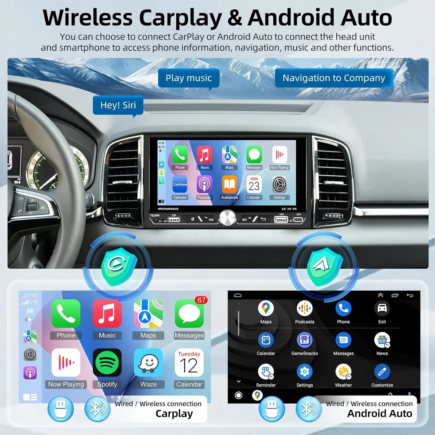 Двудиново автомобилно радио с 6.8-инчов дисплей и безжичен CarPlay/Android Auto, Bluetooth 5.2 — снимка 2