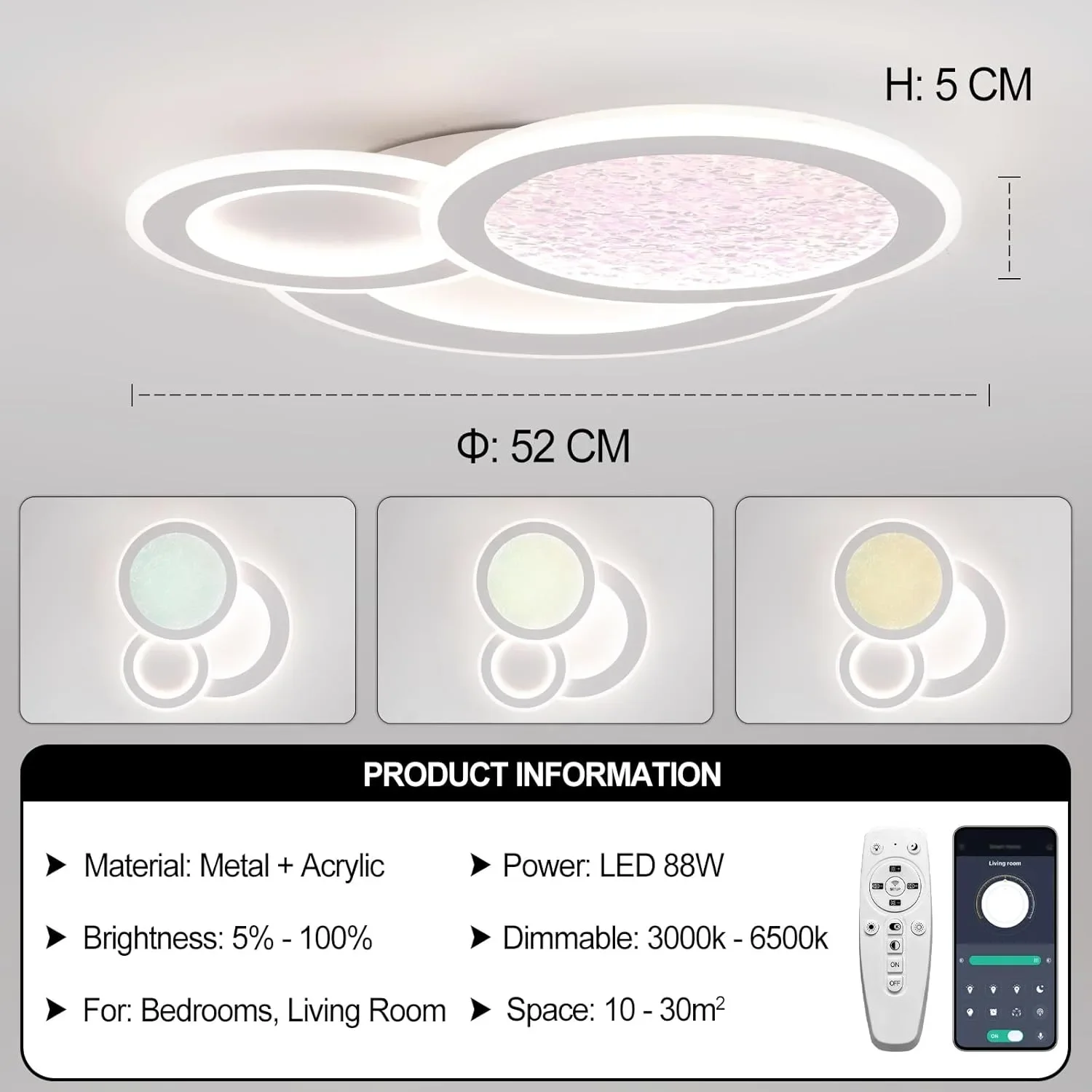 LED Смарт полилей за таван с дистанционно и димиране, 88W, за дневна и спалня — снимка 6
