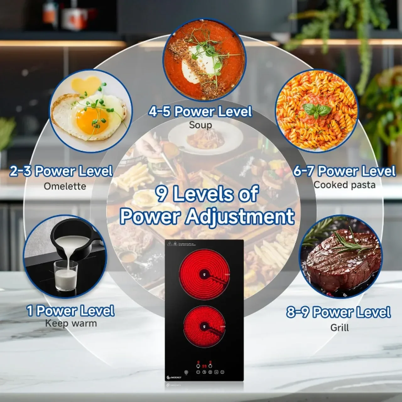 Керамичен котлон AMZCHEF, 3000W с 2 зони, настолен или вграден, 9 нива — снимка 3
