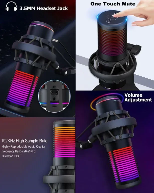 USB микрофон за игри HITOZON, USB кондензаторен микрофон с RGB, заглушаване, усилване, наблюдение — снимка 4