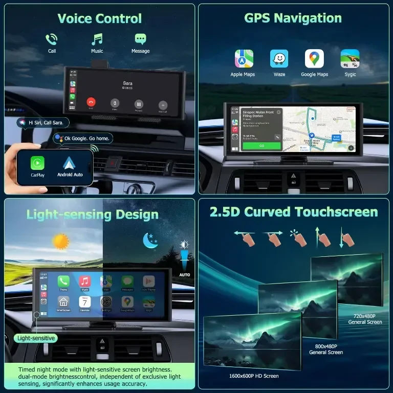 Carplay за кола 9.3'' IPS сензорен екран, с 4K HD Dash Cam+1080P задна — снимка 5