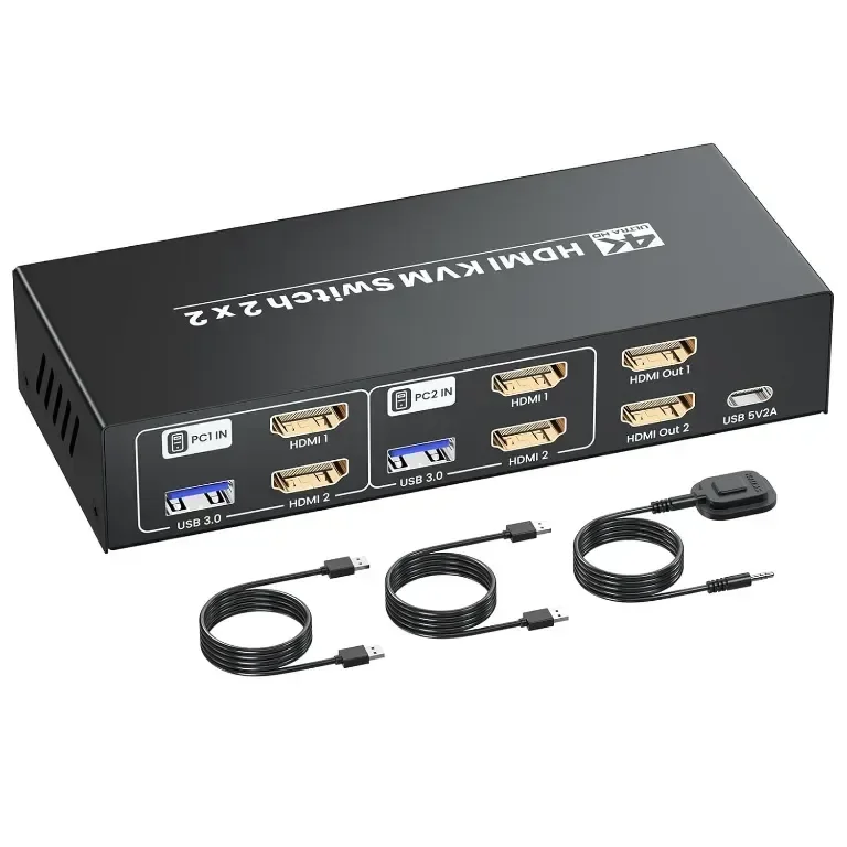 HDMI KVM превключвател 2 монитора 2 компютъра, 4K@60Hz двоен монитор HDMI