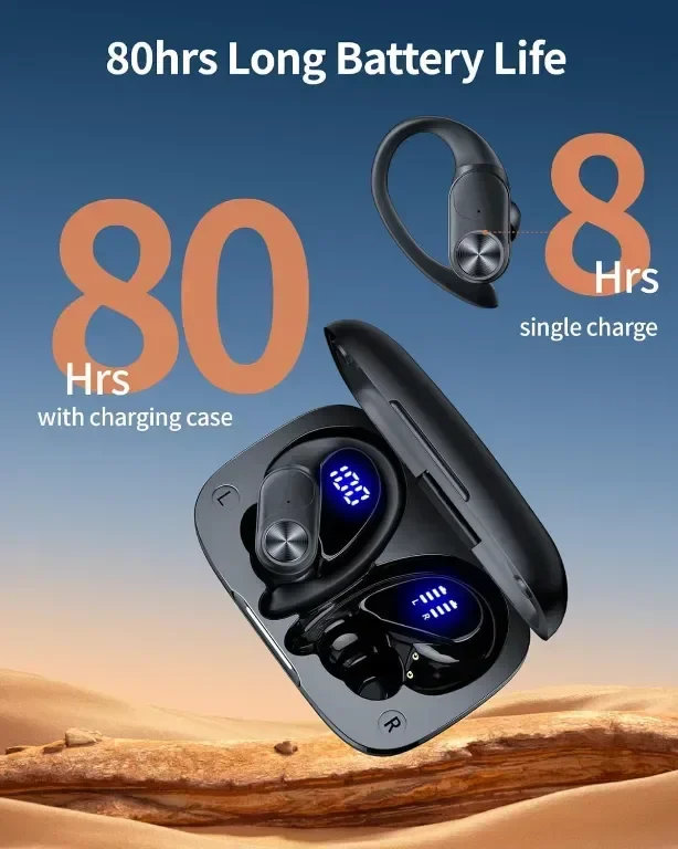 Безжични слушалки, 80 часа, Bluetooth 5.3 слушалки Цифров дисплей Спортни слушалки IPX7 — снимка 2