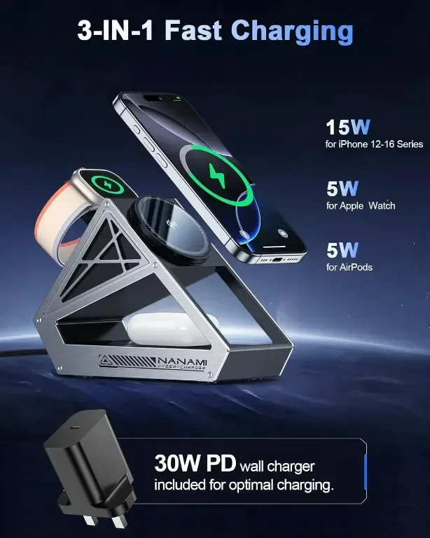 NANAMI Безжично зарядно устройство 3 в 1 за iPhone, iWatch, AirPods — снимка 4