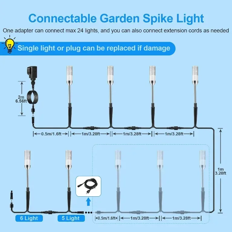 ECOWHO Градински LED лампи с шипове, 12V, IP65, студено бяло 6000K, 6 броя — снимка 5