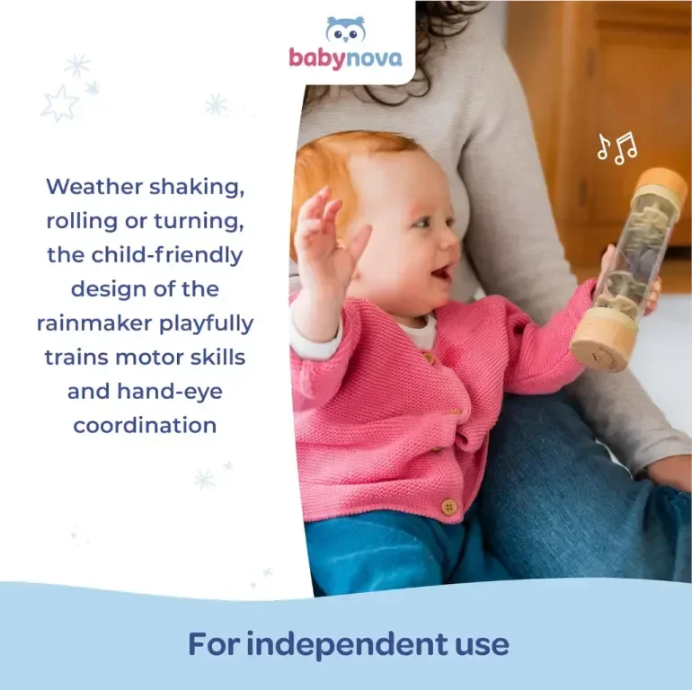 babynova Rainmaker Дървена бебешка дрънкалка с успокояващ капещ звук за бебета 3+ месеца, зелена — снимка 3