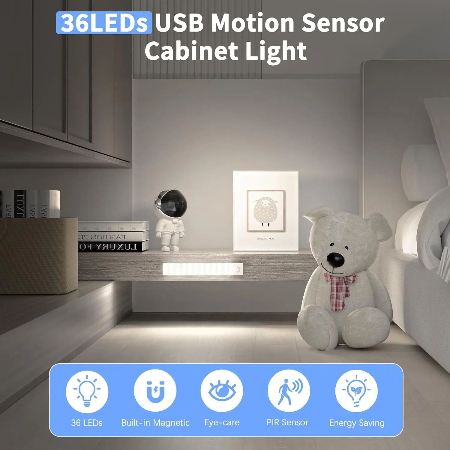 Комплект 3 броя LED USB лампи за гардероб със сензор за движение и магнитно закрепване — снимка 3