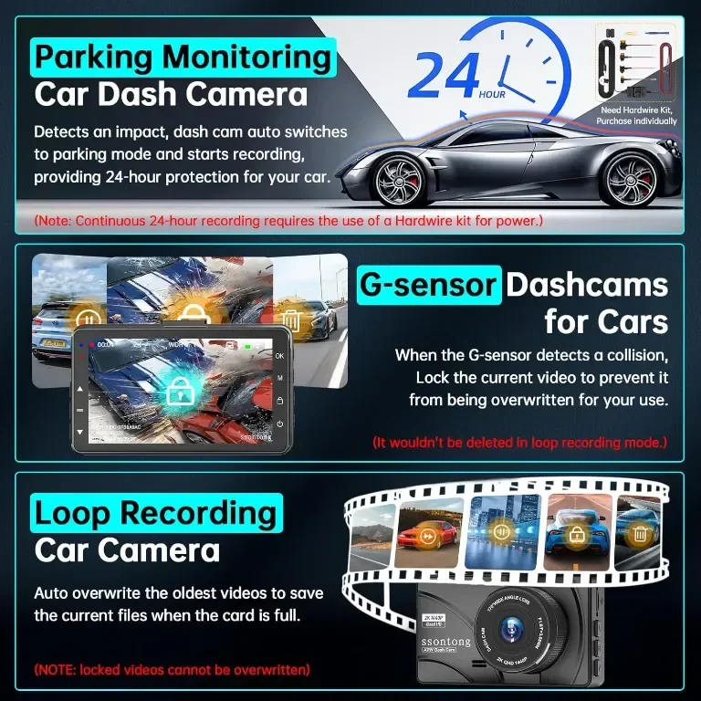 Dash Cam отпред и отзад, 2K, WiFi/БЕЗПЛАТНО ПРИЛОЖЕНИЕ, отпред 170°+140° отзад — снимка 5