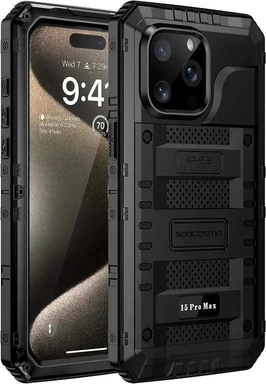 Seacosmo Калъф за iPhone 15 Pro Max водоустойчив удароустойчив с вграден протектор на екрана, черен