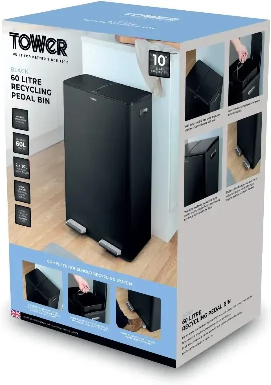 Кош за рециклиране Tower T838023BLK с педал, две отделения по 30 литра, 60 литра, черен — снимка 7